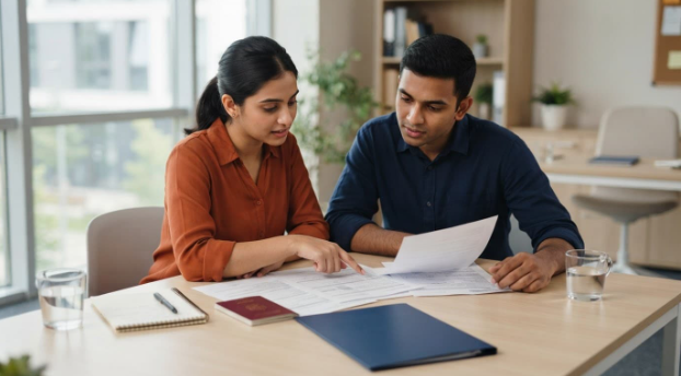 Indian student and visa consultant reviewing Hungary student visa documents and passport