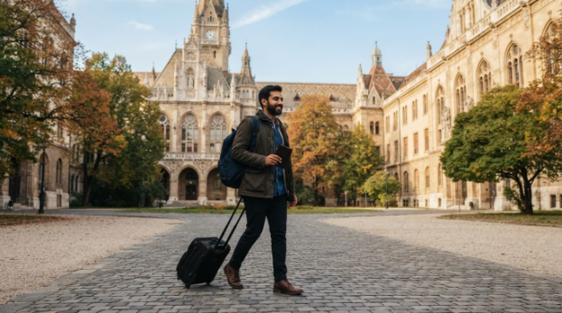 Indian student walking with luggage on a university campus while studying in Hungary