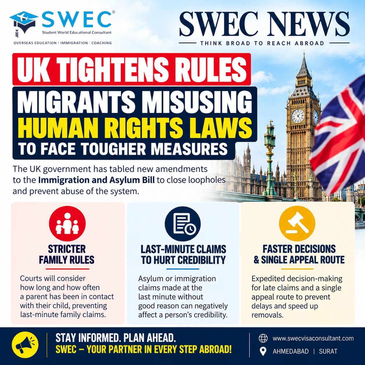 SWEC News graphic: UK Immigration and Asylum Bill amendments on Article 8 family life and last-minute claims