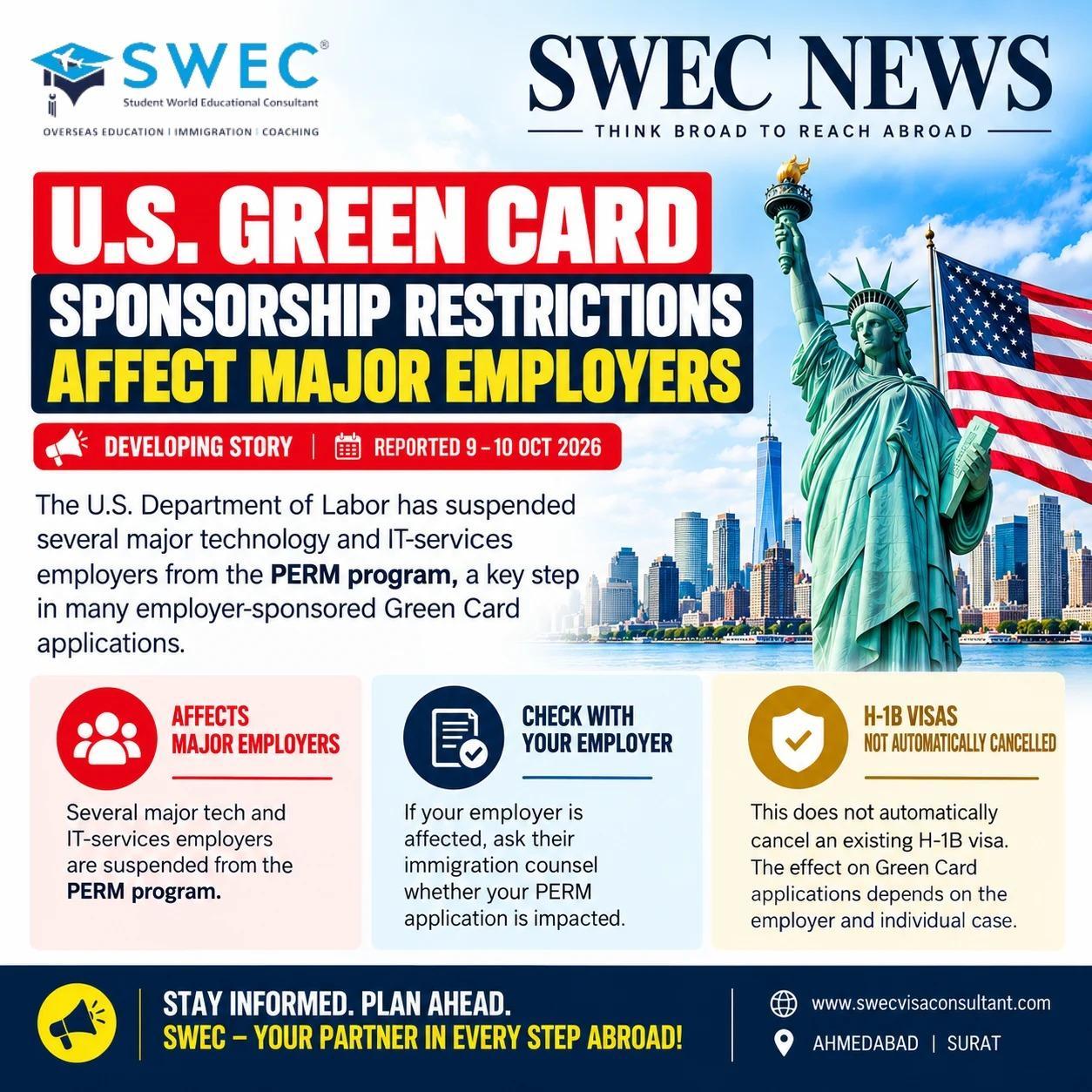SWEC News graphic: US Labor Department suspends major employers from PERM, affecting Green Card sponsorship