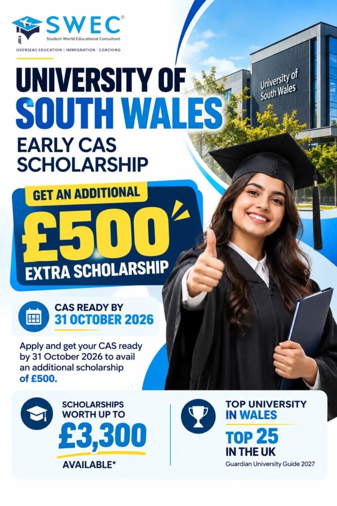 University of South Wales early CAS scholarship 2026 offering an additional £500 scholarship for eligible students – SWEC